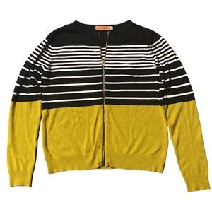 One A Zip Up Color Block Sweater Mustard, Black and White L